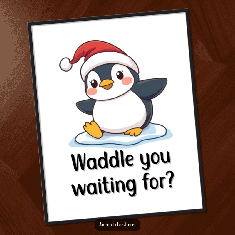 Festive free printable wall art of a penguin in a Santa hat comically slipping on ice, creating holiday amusement.
