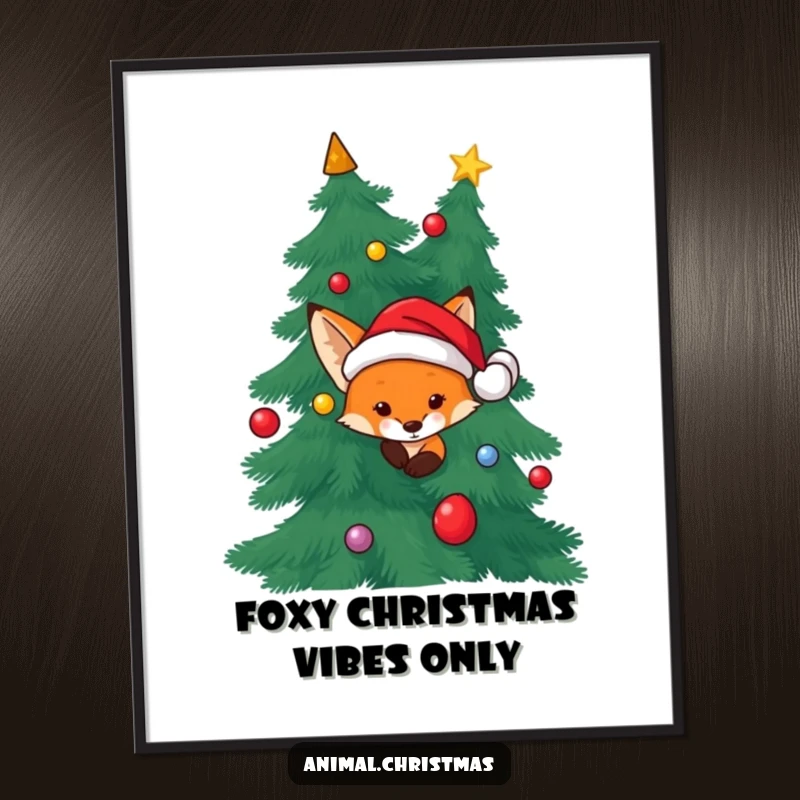 Funny Free Printable Wall Art: A fox in a Santa hat peeks out from behind a decorated Christmas tree, adding whimsy.