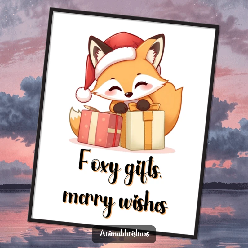 Funny free printable wall art of a festive fox wearing a Santa hat, excitedly opening a wrapped gift with a huge smile.