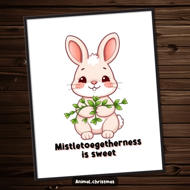 Funny Free Printable Wall Art: A kawaii bunny bashfully holds a sprig of mistletoe, offering a shy smile for your wall.