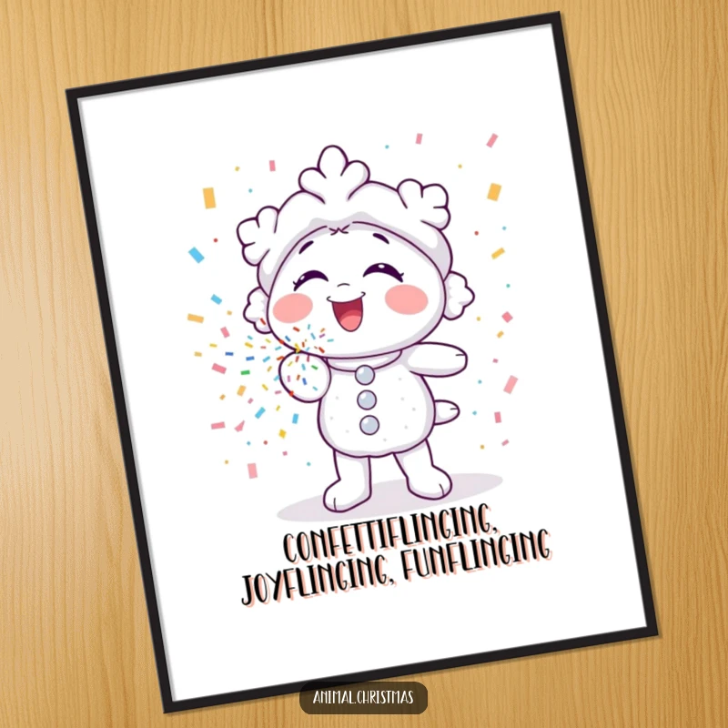 Funny Free Printable Wall Art: A cheerful snowflake character gleefully blows a stream of colorful confetti.