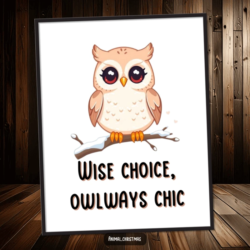 Funny Free Printable Wall Art: A kawaii owl with captivating twinkling eyes rests on a snowy branch, radiating cute winter vibes.