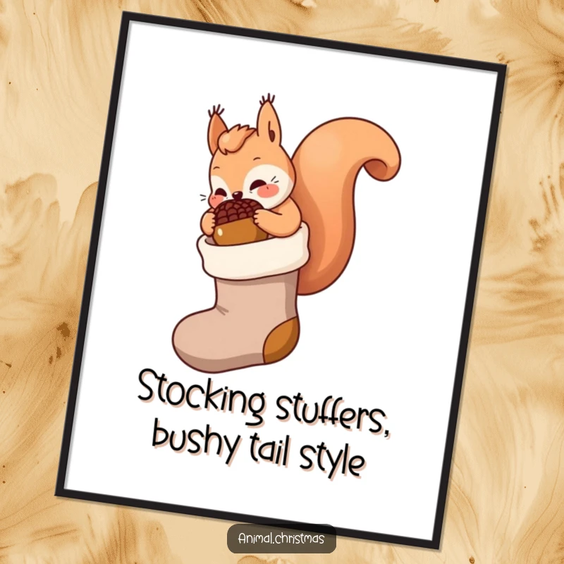 Funny Free Printable Wall Art: A determined kawaii squirrel is stuffing a giant acorn into a Christmas stocking, ready for display.