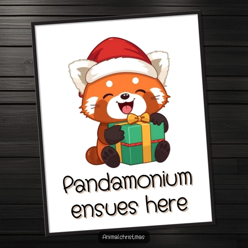 Funny Free Printable Wall Art: Red panda wearing a Santa hat joyfully unwraps a gift, cute festive animal art.
