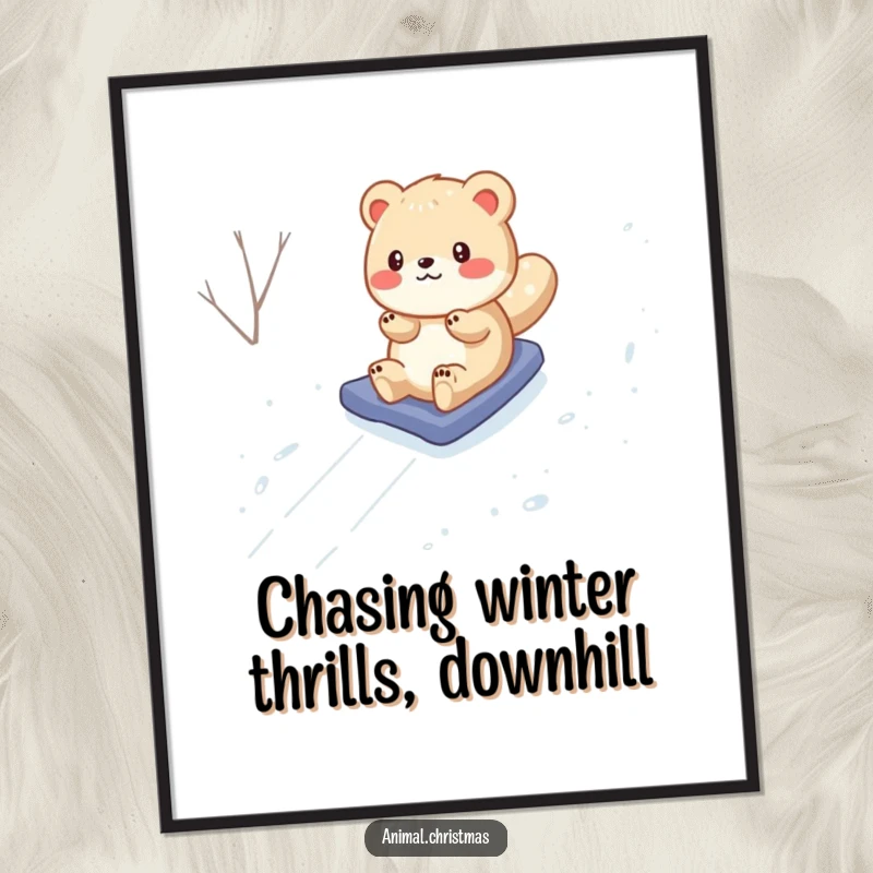 Funny Free Printable Wall Art: Goofy cartoon animal joyfully snowboarding down a snowy mountain, wind in its fur, pure exhilaration.