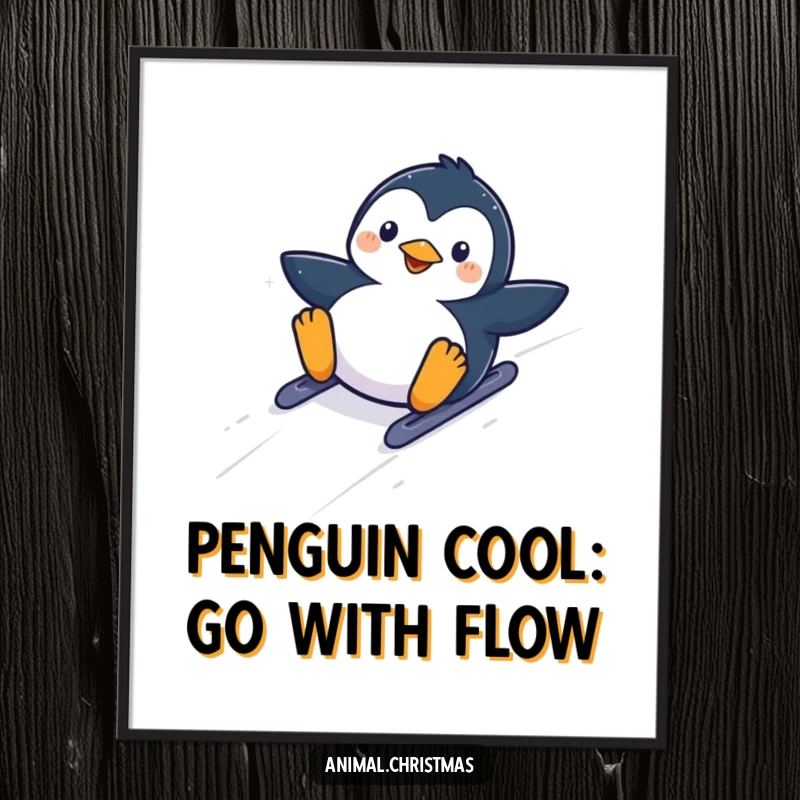Funny Free Printable wall art: A kawaii penguin slides down a snowy hill with pure glee, bringing dynamic, joyful energy to your decor.