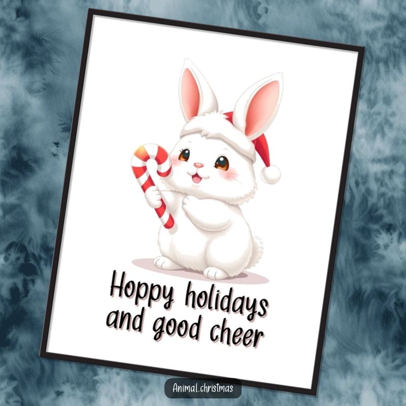 Funny Free Printable Wall Art: A fluffy white bunny in a Santa hat joyfully holds a glowing candy cane, festive and cute.