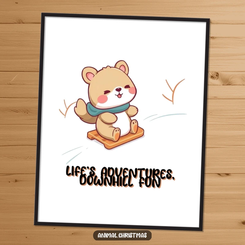Funny Free Printable Wall Art: An animal gleefully slides down a snowy hill on a small sled, capturing winter excitement.