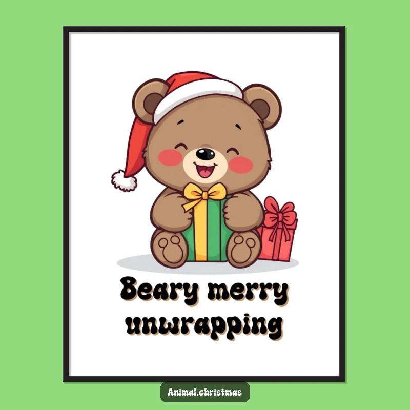 Funny Free Printable Wall Art: Bear Unwrapping Gift, Humorous Downloadable Decor for Festivity