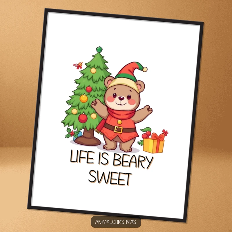 Funny Free Printable Wall Art: A happy bear dressed as an elf is enthusiastically decorating a sparkling Christmas tree.