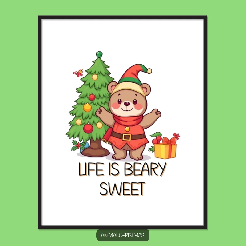 Funny Free Printable Wall Art: Cheerful Elf Bear Decorating Tree, Downloadable Decor