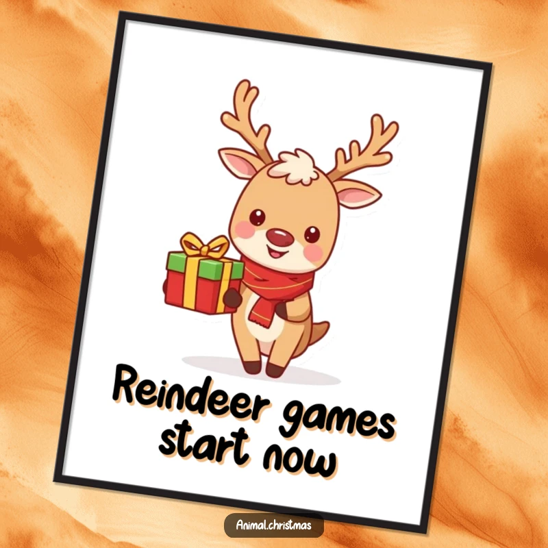Funny Free Printable Wall Art: A cute reindeer beaming while holding a gift, adding festive humor to your decor.