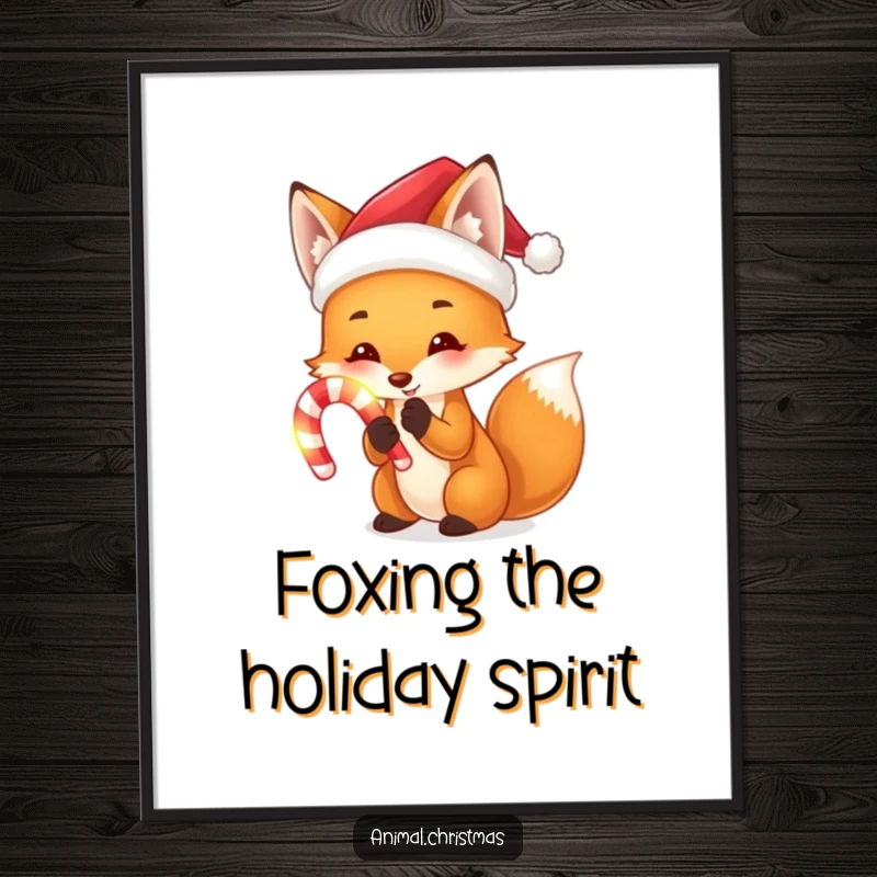 Funny Free Printable Wall Art: A fox wearing a Santa hat holding a glowing candy cane, adding festive and humorous decor.
