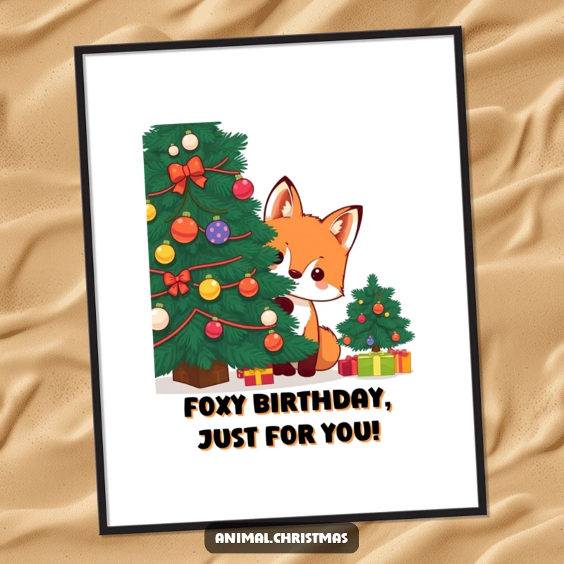 Funny Free Printable Wall Art: Kawaii fox playfully peeking from behind a decorated Christmas tree, great for humorous DIY decor.