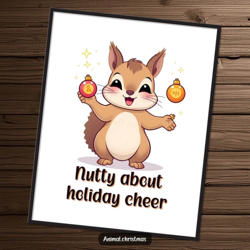 Funny Free Printable Wall Art: A squirrel is joyfully juggling tiny, sparkling ornaments, creating a whimsical and humorous wall decoration.