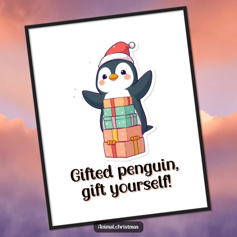 Funny Free Printable Wall Art: Kawaii penguin playfully balancing a stack of brightly wrapped gifts, ideal for humorous DIY decor.