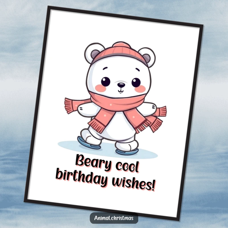 Funny Free Printable Wall Art: Kawaii polar bear cheerfully ice skating with a scarf, perfect for humorous DIY home decor.
