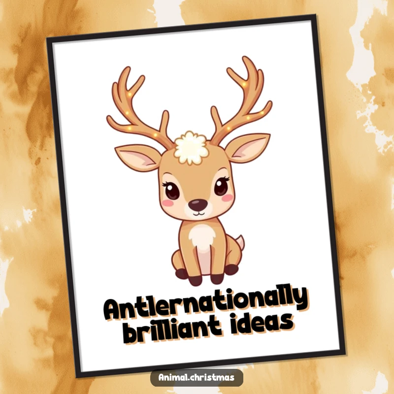 Funny Free Printable Wall Art: Elegant deer with antlers adorned with twinkling lights, perfect for festive DIY decor.