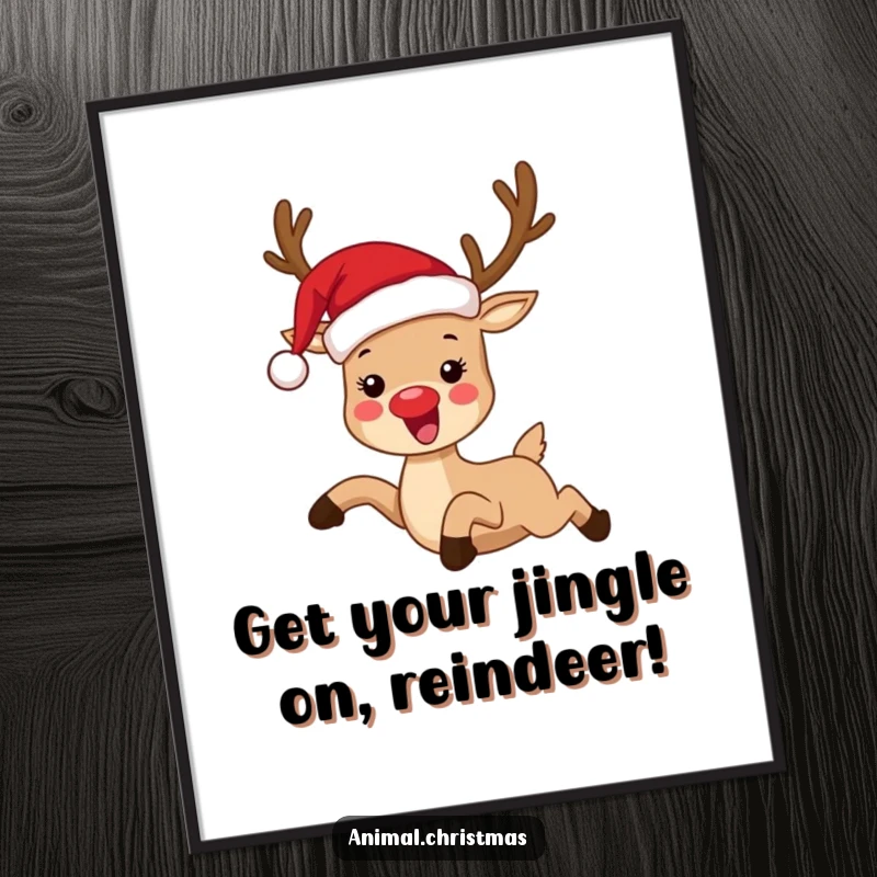Funny Free Printable Wall Art: A reindeer in a Santa hat joyfully leaps, bringing festive cheer to any room.