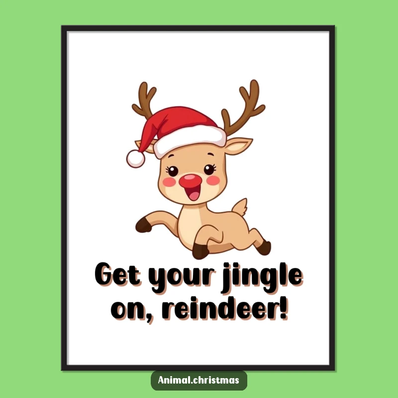 Free Printable Funny Reindeer Wall Art: Joyful Leaping Santa Hat Downloadable Decor