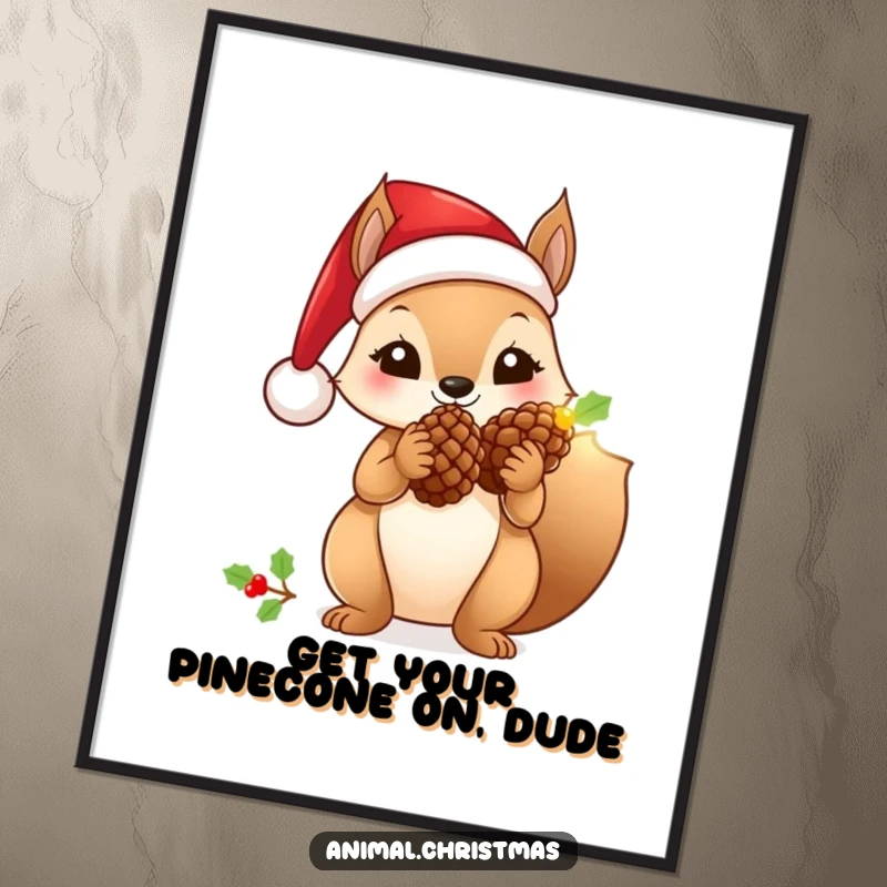 Funny Free Printable Wall Art: Adorable squirrel in Santa hat holding a glowing pinecone, perfect for festive DIY decor.
