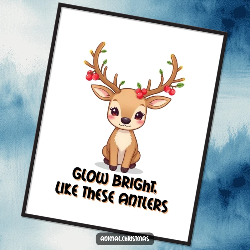 Funny Free Printable Wall Art: A serene deer displays festive antlers illuminated by glowing berries, creating a magical atmosphere.