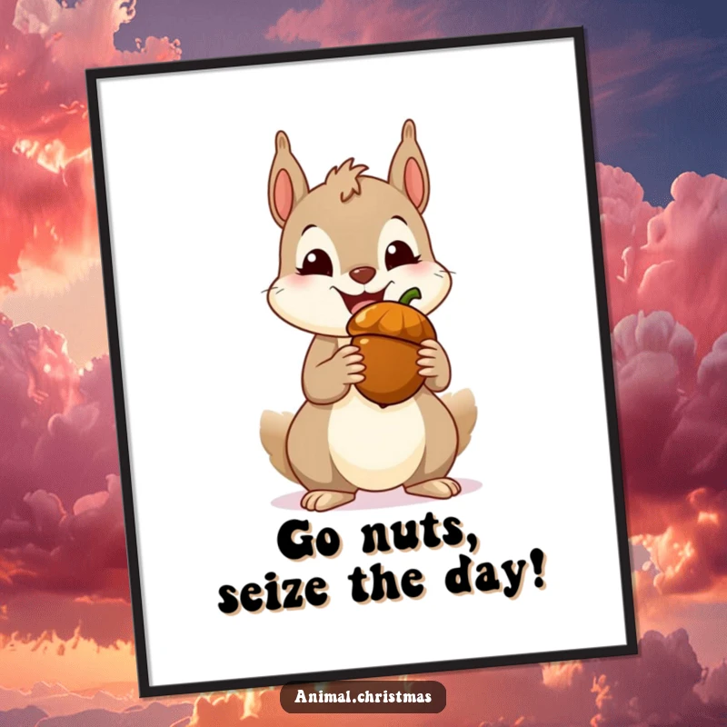 Funny Free Printable Wall Art: A gleeful squirrel with a wide, happy grin clutches a festive acorn, ready for a feast.