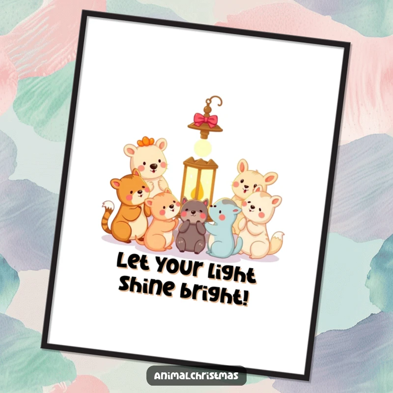 Funny Free Printable Wall Art: A happy group of diverse animals sings carols energetically around a softly glowing lantern.