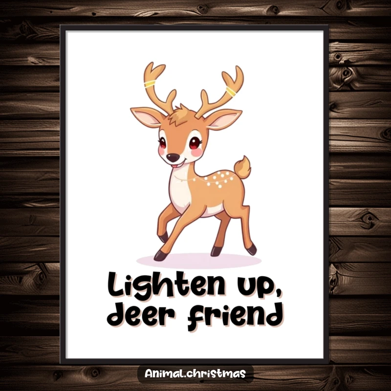Funny Free Printable Wall Art: Happy deer with twinkling lights woven into its antlers prancing, magical woodland creature art.