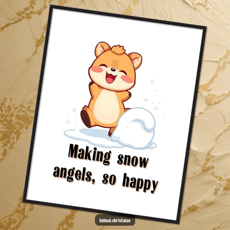 Funny Free Printable Wall Art: Goofy cartoon animal gleefully kicking up a cloud of snow, embodying winter joy and playful energy.