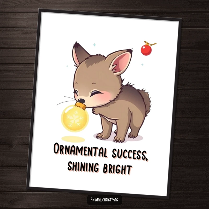 Funny Free Printable Wall Art: A curious animal sniffs a glowing Christmas ornament, creating festive decor.