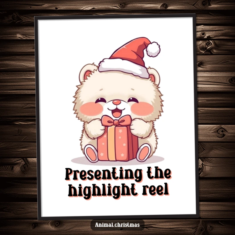 Funny Free Printable Wall Art: Adorable fluffy animal in Santa hat excitedly unwraps a present, holiday fun.