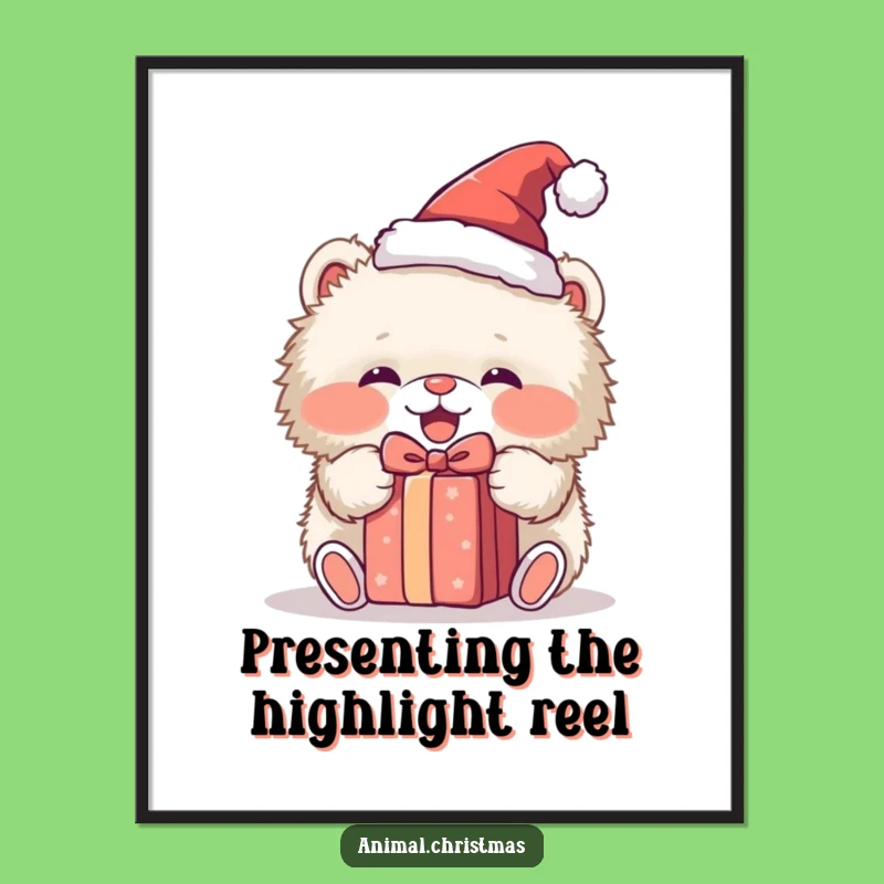 Funny Free Printable Wall Art: Fluffy Animal Santa Hat Gift Surprise Download