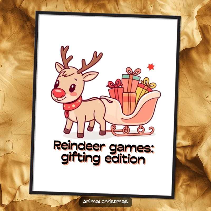 Funny free printable wall art of a reindeer pulling a tiny sleigh full of colorful gifts, evoking holiday charm and humor.