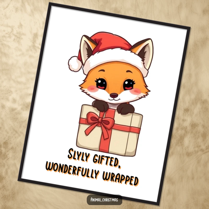 Funny Free Printable Wall Art: A fox wearing a tiny Santa hat peeks mischievously from behind a present.