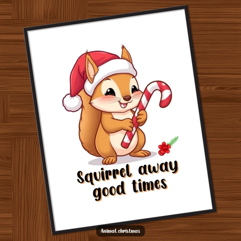 Festive free printable wall art of a squirrel in a Santa hat delightedly holding a candy cane, embodying holiday spirit.