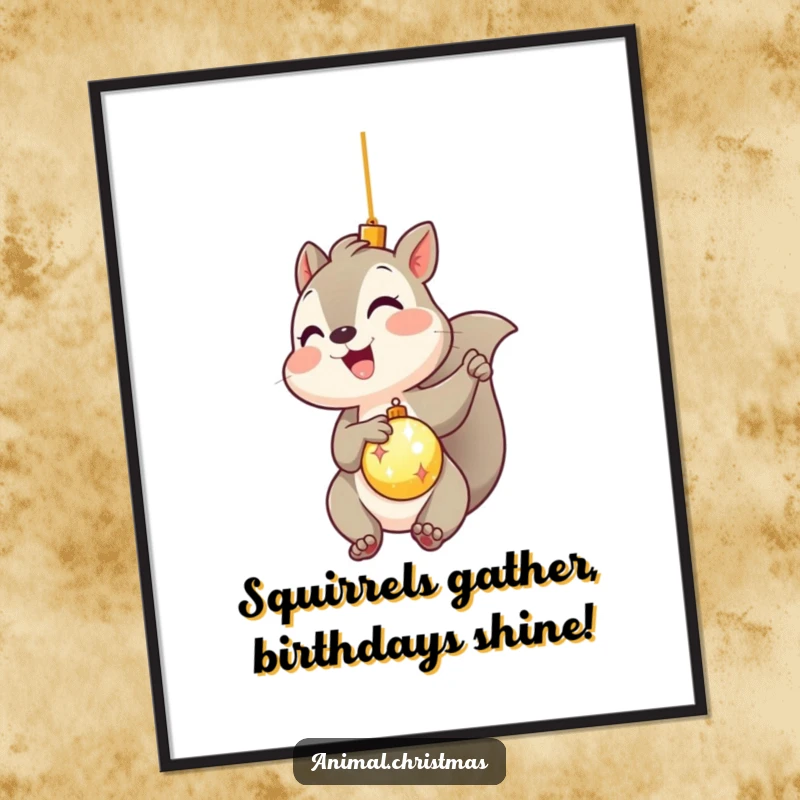 Funny Free Printable Wall Art: Kawaii squirrel gleefully hanging a shiny ornament, great for humorous DIY home decor.