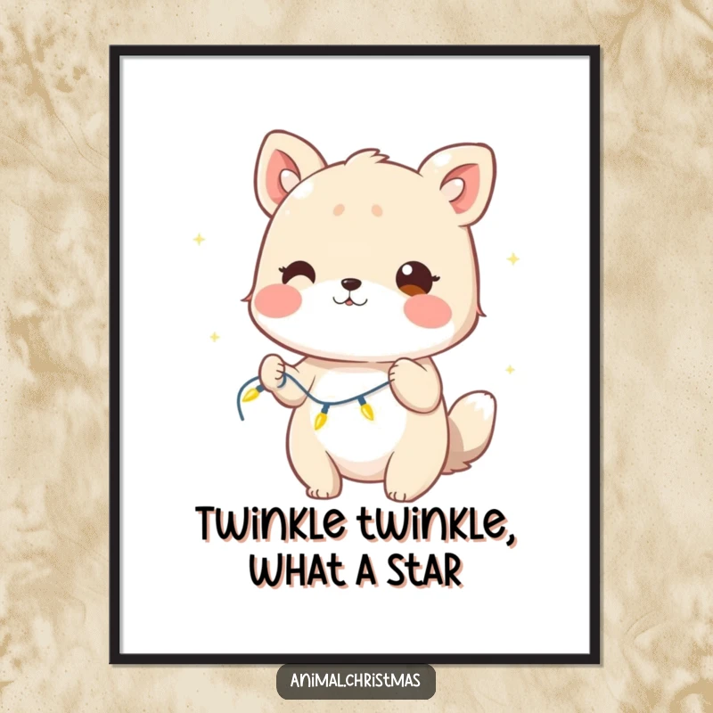 Funny Free Printable Wall Art: Charming cartoon animal winking with a playful expression, surrounded by a string of bright, twinkling fairy lights.