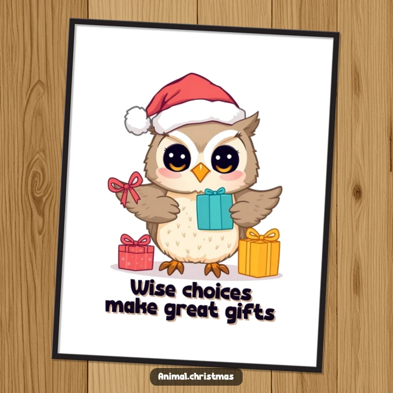 Funny Free Printable Wall Art: A charming owl wearing a Santa hat skillfully delivers a pile of wrapped presents.