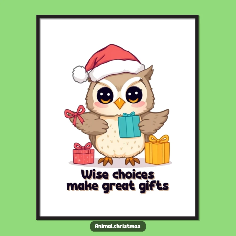 Funny Free Printable Wall Art: Cute Owl Santa Delivering Presents, Downloadable Decor