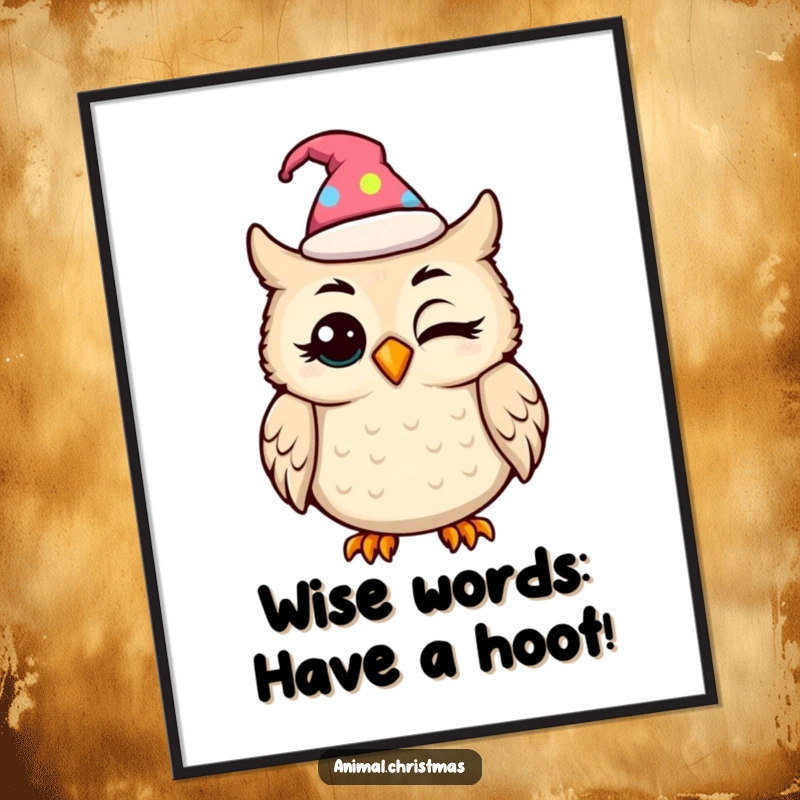 Funny Free Printable wall art: A kawaii owl wearing a festive hat blinks with playful amusement, adding humor to any room.