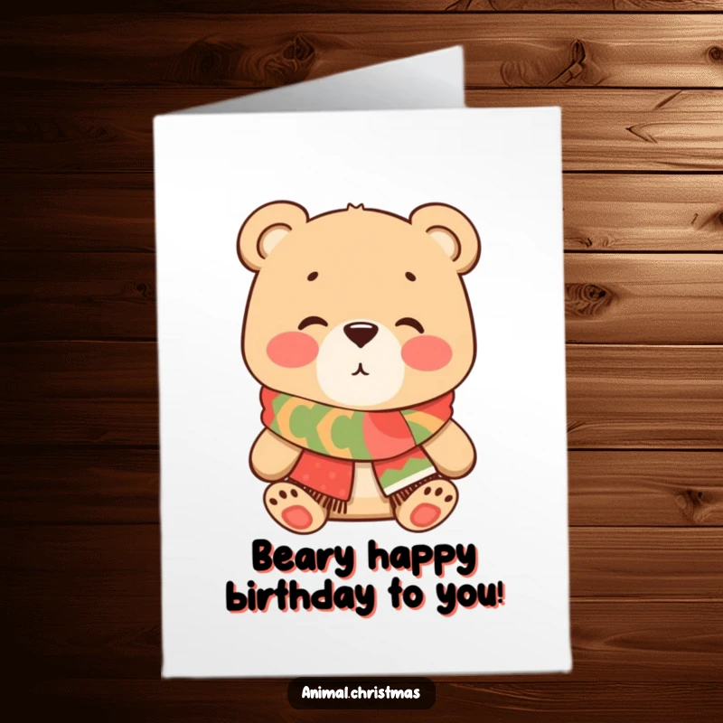 Charming free printable birthday card featuring a friendly bear in a festive scarf, blowing a sweet kiss with a gentle smile.