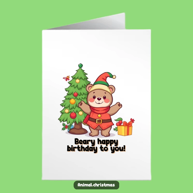 Free Printable Birthday Card: Elf Bear Decorating Tree, Funny DIY Downloadable Gift