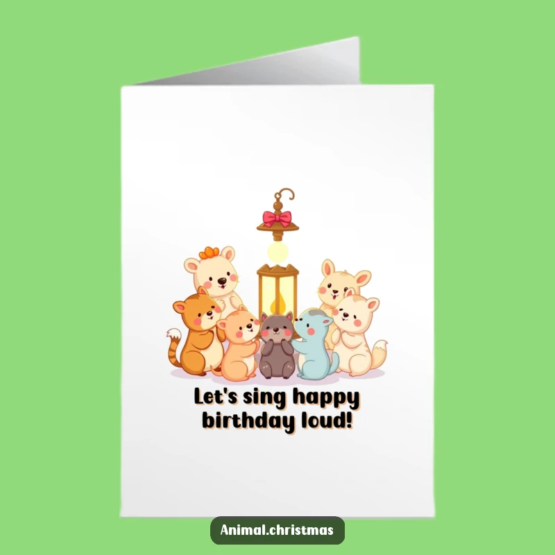 Free Printable Birthday Card: Animal Carolers Lantern - Festive Fun Download Gift