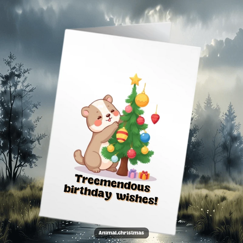 Funny Free Printable Birthday Card: Cute animal joyfully decorates a tiny pine tree with ornaments, celebrating a birthday.