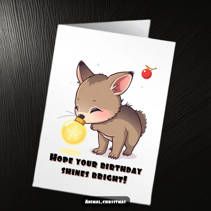Funny Free Printable Birthday Card: A curious animal sniffs a glowing Christmas ornament, celebrating a birthday.