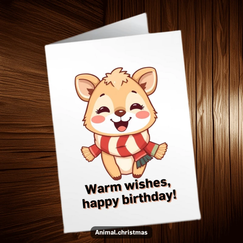 Funny Free Printable Birthday Card: Adorable cartoon animal wearing a thick, festive scarf and smiling broadly, radiating happiness.