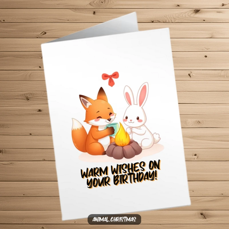 Free Printable Birthday Card: A friendly fox and rabbit share a warm mug by a festive fireplace, exuding cozy birthday cheer.