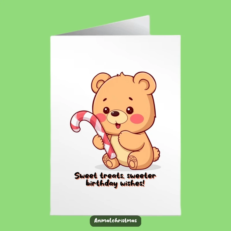 Free Printable Birthday Card: Excited Bear Cub with Candy Cane Funny Downloadable Gift
