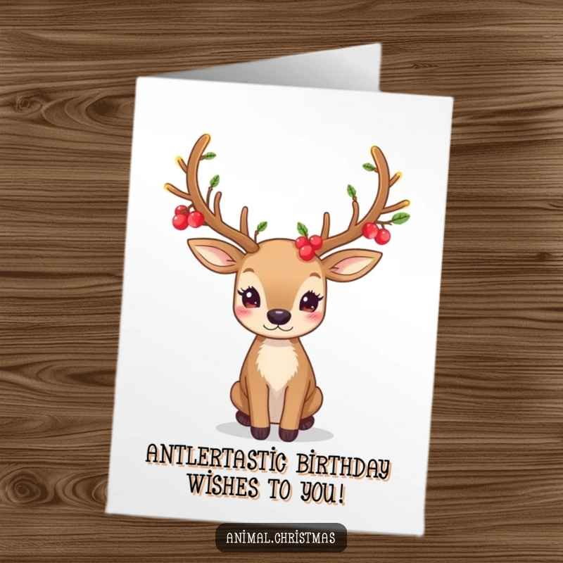 Funny Free Printable Birthday Card: A majestic deer sports beautifully decorated antlers with glowing berries, wishing happy birthday.